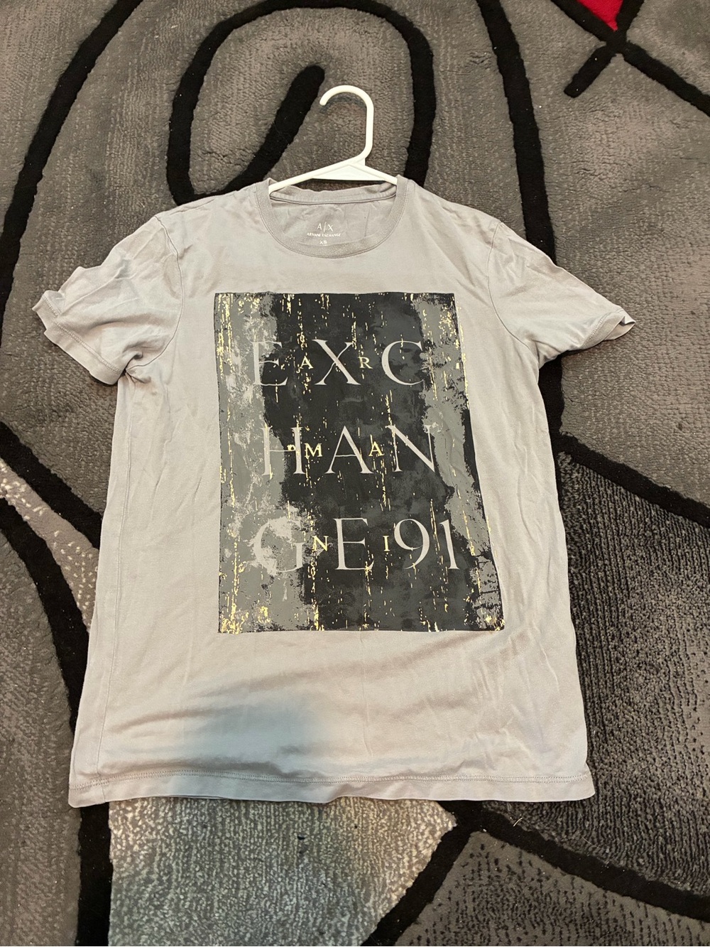 Armani Exchange Light Gray Short Sleeve Tee with Black & Gold Graphic